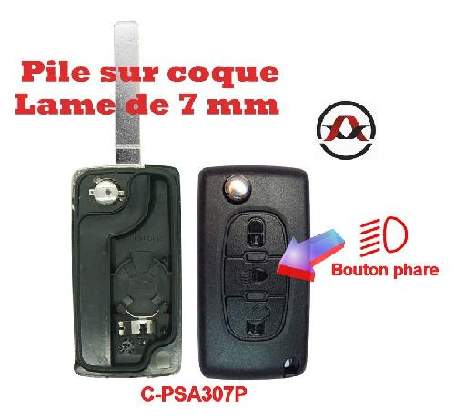 Boitier - Coque De Cle - Telecommande PSA307P - Coque de cle electronique et lame 7mm Citroen-Peugeot - 3 Boutons - Bouton phare - Pile sur Coque