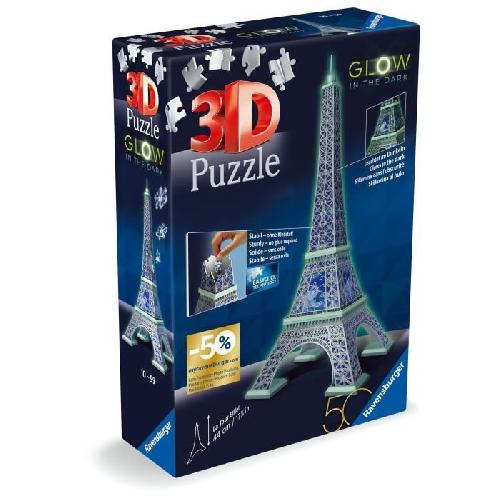 Puzzle Ravensburger-Puzzle 3D Tour Eiffel phosphorescente 50 ans-Des 10 ans-216p numérotées a assembler sans colle-Accessoires inclus-11591