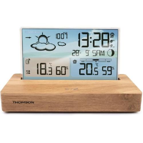 Radio Reveil Reveil station meteo - THOMSON - Bois clair - Affichage temperature. Hygrometrie. Double alarme. USB-C. Sonde sans fil