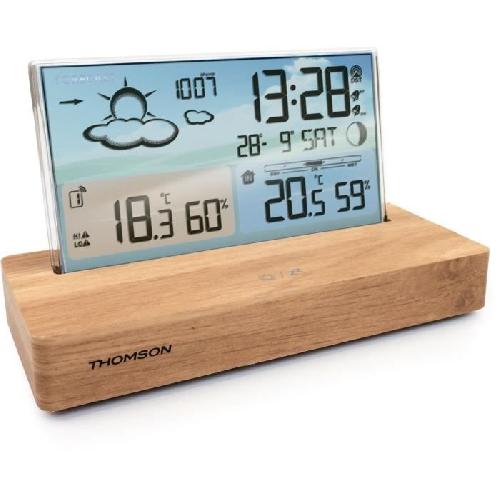 Radio Reveil Reveil station meteo - THOMSON - Bois clair - Affichage temperature. Hygrometrie. Double alarme. USB-C. Sonde sans fil