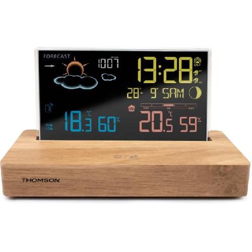 Radio Reveil Reveil station meteo - THOMSON - Bois fonce - Affichage temperature. Hygrometrie. Double alarme. USB-C. Sonde sans fil