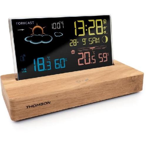 Radio Reveil Reveil station meteo - THOMSON - Bois fonce - Affichage temperature. Hygrometrie. Double alarme. USB-C. Sonde sans fil