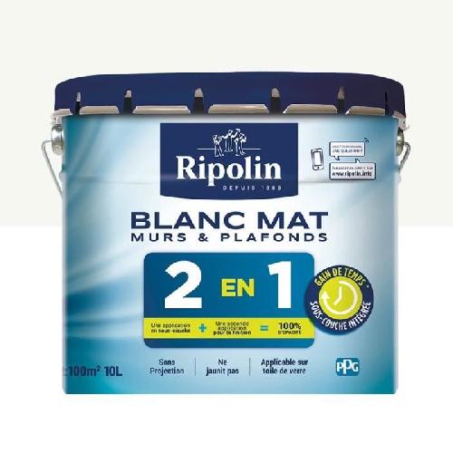 Peinture - Vernis - Traitement (lasure - Effets Decoratifs) RIPOLIN MUR ET PLAFOND BI COUCHE 2EN1 ACRYL BLANC MAT 10 L