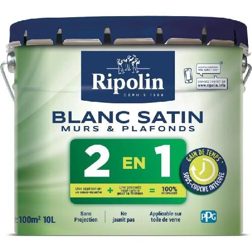 Peinture - Vernis - Traitement (lasure - Effets Decoratifs) RIPOLIN Peinture blanche pour murs et plafonds avec sous-couche integre - Blanc satin - 10 L