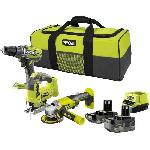 RYOBI 3 outils : 1 perceuse-visseuse R18DD3 + 1 meuleuse 115 mm + 1 scie sauteuse + 2 batteries 4 Ah & 2 Ah + 1 chargeur & 1 sac