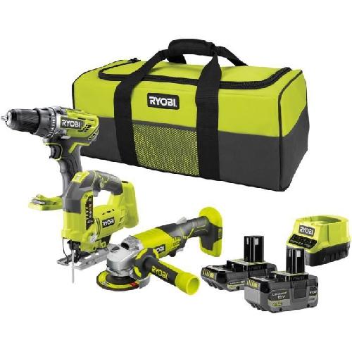 Pack De Machines Outil RYOBI 3 outils : 1 perceuse-visseuse R18DD3 + 1 meuleuse 115 mm + 1 scie sauteuse + 2 batteries 4 Ah & 2 Ah + 1 chargeur & 1 sac