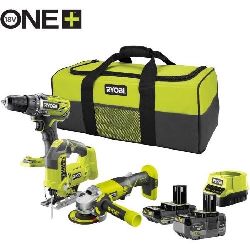 Pack De Machines Outil RYOBI 3 outils : 1 perceuse-visseuse R18DD3 + 1 meuleuse 115 mm + 1 scie sauteuse + 2 batteries 4 Ah & 2 Ah + 1 chargeur & 1 sac