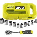 RYOBI - Coffret 1 clé 90 dents. 8 douilles (de 8 a 15 mm) & adaptateur 1/4'' - 3/8'' - Compatible Ryobi LINK - RHRS10PC