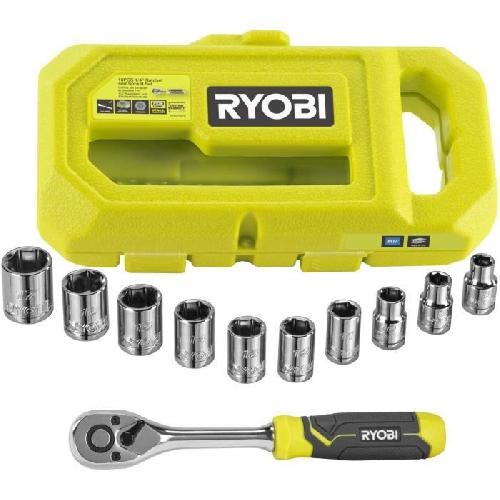 Cle A Fourche - Cle Plate RYOBI - Coffret 1 clé 90 dents. 8 douilles (de 8 a 15 mm) & adaptateur 1/4'' - 3/8'' - Compatible Ryobi LINK - RHRS10PC