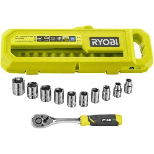 Cle A Fourche - Cle Plate RYOBI - Coffret 1 clé 90 dents (angle de reprise 4°) et 10 douilles 3/8'' (de 8 a 17 mm) - Compatible Ryobi LINK - RHRS11PC