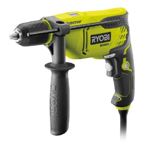 Perceuse RYOBI - Perceuse a percussion 680 W - 3 000 cp/min - mandrin 13 mm - blocage d'arbre auto + coffret & butée de profondeur - RPD680-K