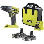 Perceuse RYOBI - Perceuse a percussion compacte 18V ONE+ - 40 Nm - mandrin 10 mm + 2 batteries 2.0 Ah. chargeur. sac - R18PD2-220S