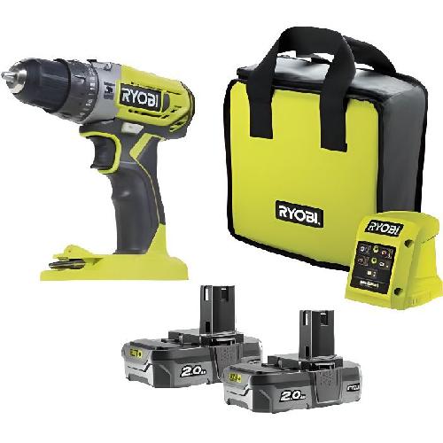 Perceuse RYOBI - Perceuse a percussion compacte 18V ONE+ - 40 Nm - mandrin 10 mm + 2 batteries 2.0 Ah. chargeur. sac - R18PD2-220S