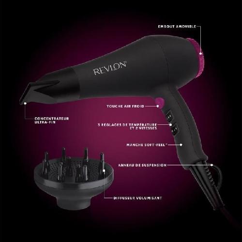 Seche-cheveux Seche-cheveux - REVLON - RVDR5251E - Perfect Heat - 2000 W - Moteur AC - 2 vitesses - Noir / Rose