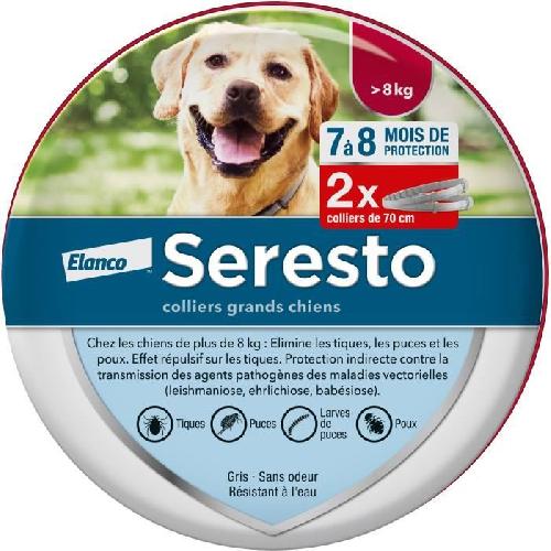 Antiparasitaire - Pipette - Lotion - Collier - Pince - Spray -shampoing - Crochet Tique SERESTO  Chien Collier Anti-Puces et Anti-Tiques +8kg 2 unités