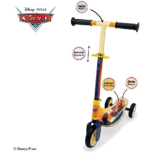 Casque De Glisse - Trottinette - Skate - Patin A Roulette Smoby - Cars - Patinette pliable - 3 roues silencieuses - Plateau bois - Jaune et Multicolore - Trottinette avec guidon réglable