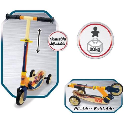 Casque De Glisse - Trottinette - Skate - Patin A Roulette Smoby - Cars - Patinette pliable - 3 roues silencieuses - Plateau bois - Jaune et Multicolore - Trottinette avec guidon réglable