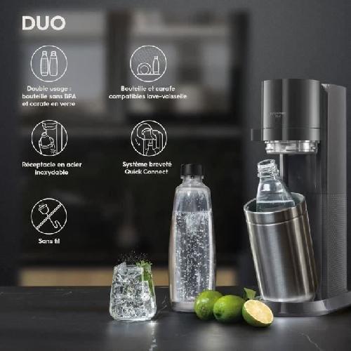 Gazeificateur - Machine A Sodas SODASTREAM Duo - Machine a Eau Pétillante Noire - Pack 2 Bouteille 1L Compatible Lave-Vaisselle + 1 Recharge de Gaz 60L a Clipser