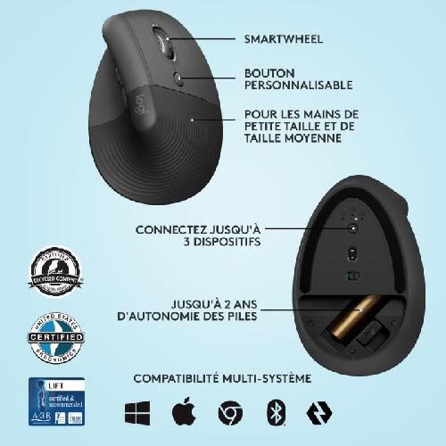Souris Souris Sans Fil - LOGITECH - Lift Ergonomique Verticale - Bluetooth ou récepteur USB Logi Bolt - Silencieuse - Graphite