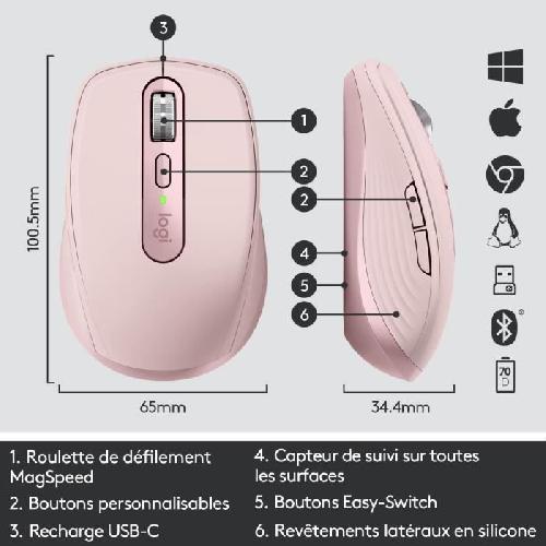 Souris Souris sans fil - Logitech - MX Anywhere 3 - Ergonomique - Bluetooth - USB - Rose