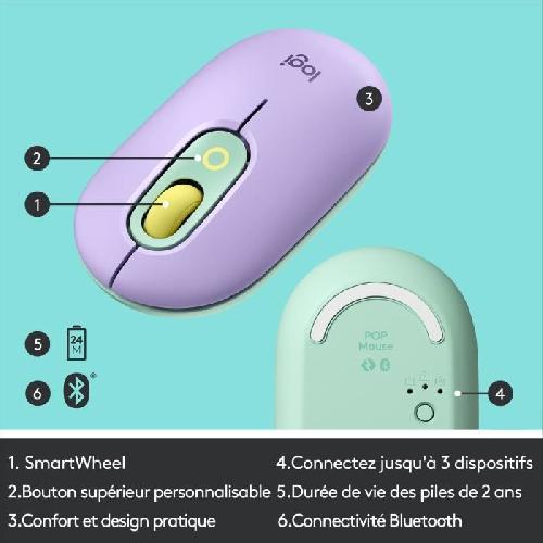 Souris Souris Sans Fil Logitech POP Mouse avec Emojis Personnalisables. Bluetooth. USB. Multidispositifs - Menthe