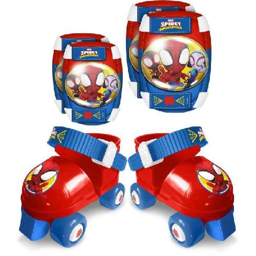 Casque De Glisse - Trottinette - Skate - Patin A Roulette STAMP - Set Patins a roulettes avec genouilleres - Spidey - Enfant - Bleu - Rouge - Garcon