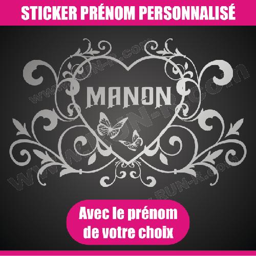 Stickers - Lettres Adhesives Sticker mural prenom fille coeur arabesque papillon 55 cm - Argent - Run-R
