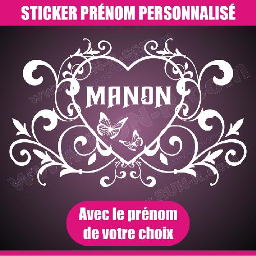 Stickers - Lettres Adhesives Sticker mural prenom fille coeur arabesque papillon 88 cm - Blanc - Run-R