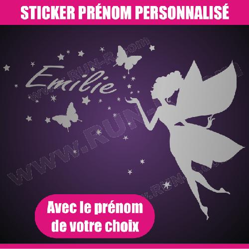 Stickers - Lettres Adhesives Sticker mural prenom fille Fee papillon etoile 28 cm - Argent - Run-R