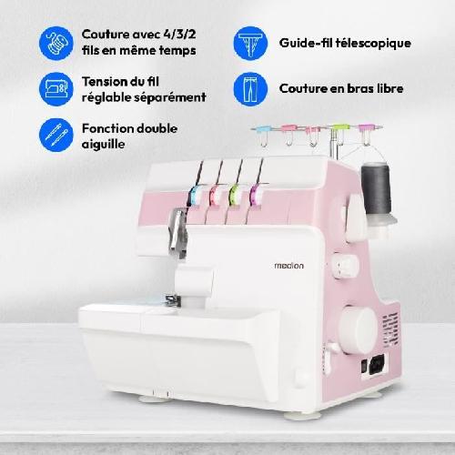 Machine A Coudre Surjeteuse - MEDION - SO 90 - 91W - Type d'aiguille 11. 14. 16 - 1200 tr/min - LED - Rose