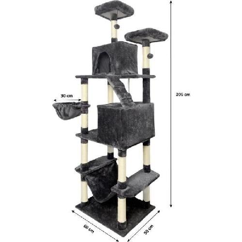 Arbre A Chat TAYLOR Arbre a chat - 60 x 50 x 206 cm - Gris foncé -  2 plateformes. 1 perchoir. 2 cabanes. 1 hamac