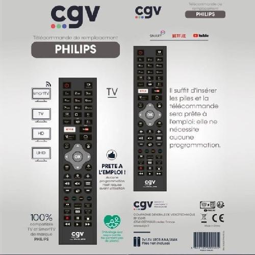 Telecommande Tv - Video - Son Telecommande de remplacement - CGV - FIDELIO Philips - Pour televiseurs Philips - Sans programmation - Prete a l'emploi