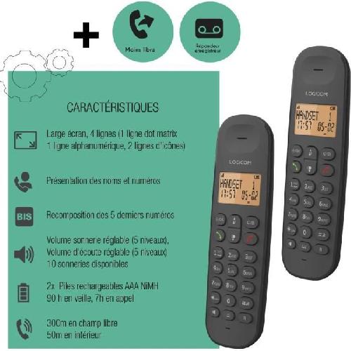 Telephone Fixe - Pack Telephones Téléphone fixe sans fil - LOGICOM - DECT ILOA 255T DUO - Noir - Avec répondeur